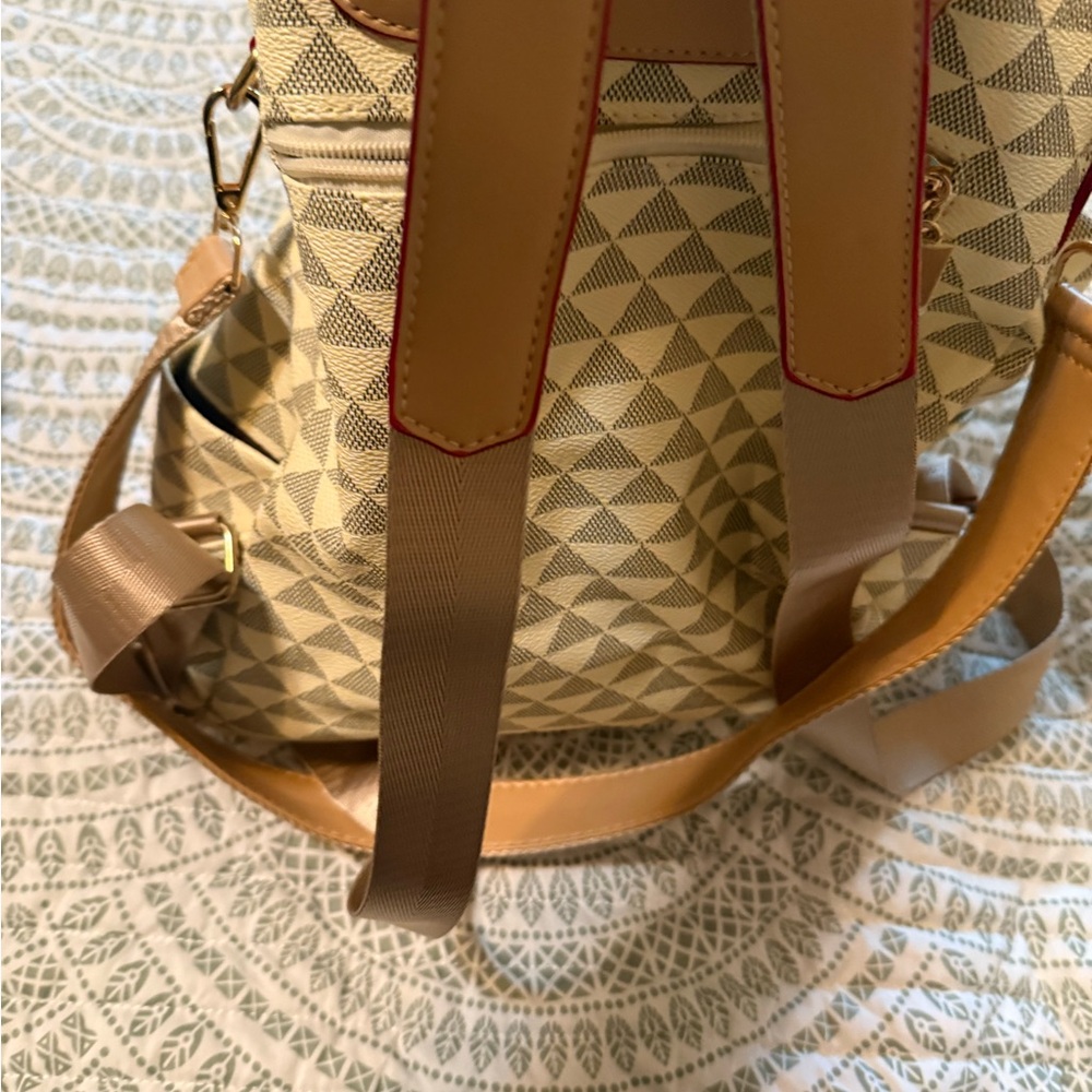 Geometric Patterned Tan Backpack - Picture 2 of 3